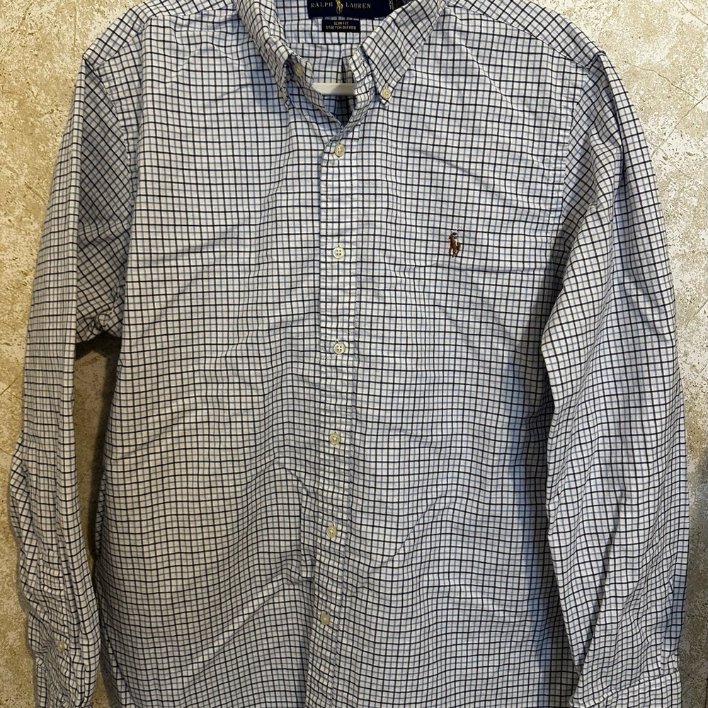 Ralph Lauren Men's Navy and White Plaid Stretch Oxford Shirt A106